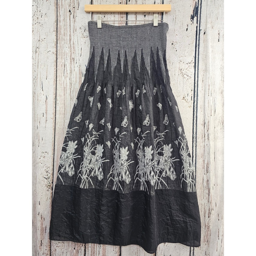 Lapis convertible skirt dress Gray Butterfly Floral Crinkle Smocked A-Line Midi